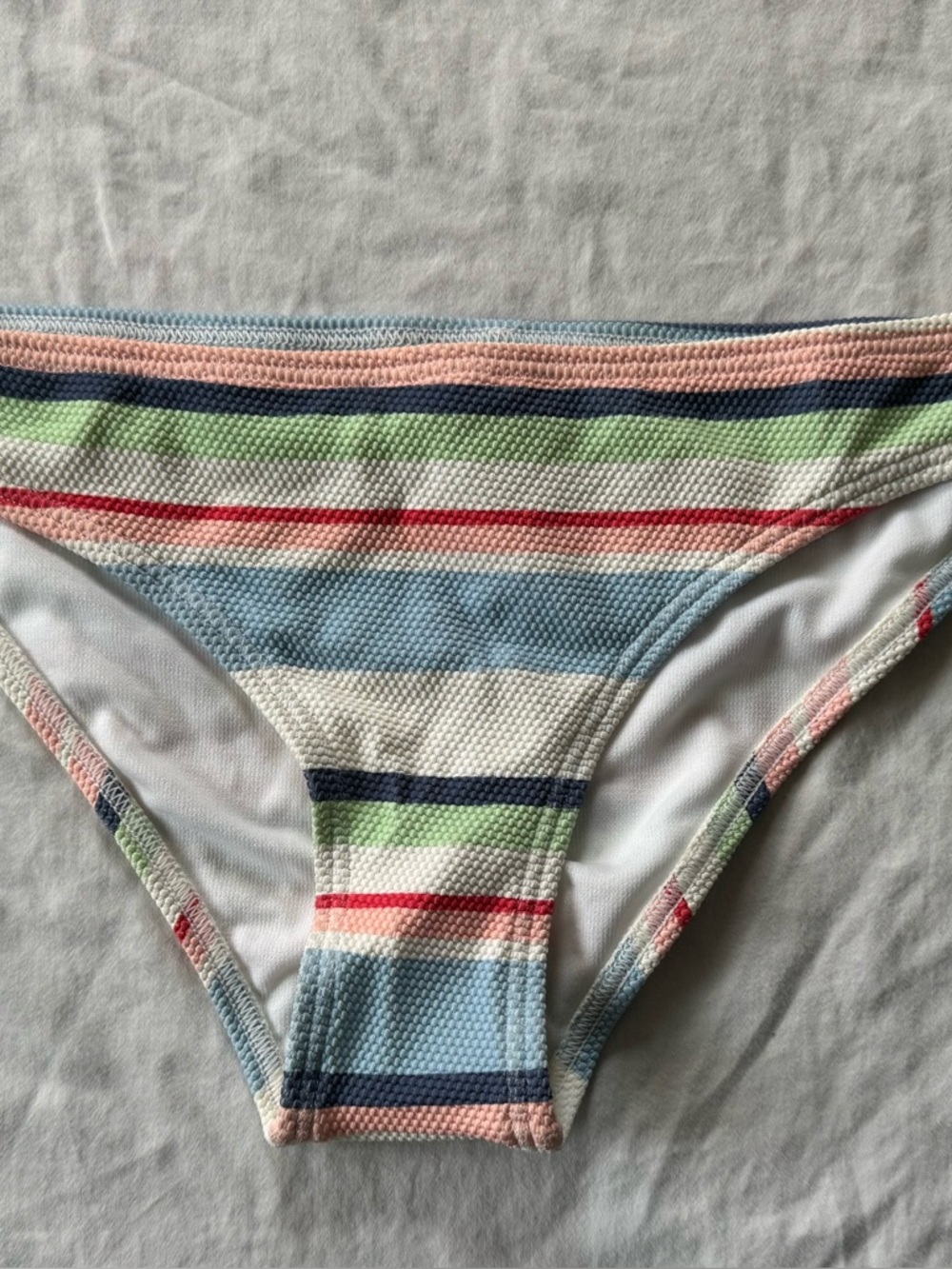 Roxy “Line Up” Striped Bikini Bottoms in Light Blue, Cream, Green, Pink & Red